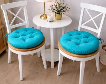 Round Chair Cushion with Ties, Teal Turquoise Seat Pad for Dining Room