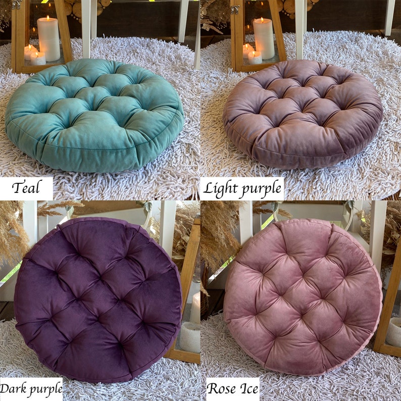Round Velour Chair Cushion in Teal, Light Purple, Dark Purple, Rose