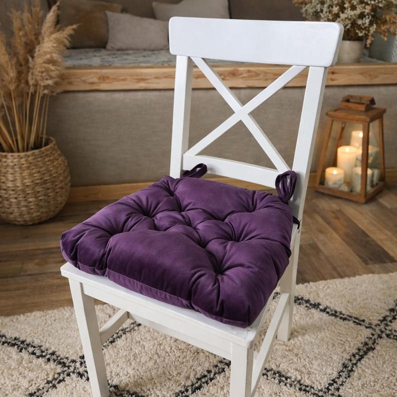 U-Shaped Velvet Cushion For Chair - Velour Trapezoid Seat Pad with Ties Purple Plum