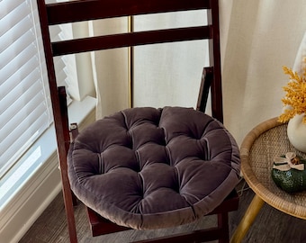 Luxury Round Velvet Chair Cushion, Tufted Handmade Seat Pad, Custom Sizes & Colors