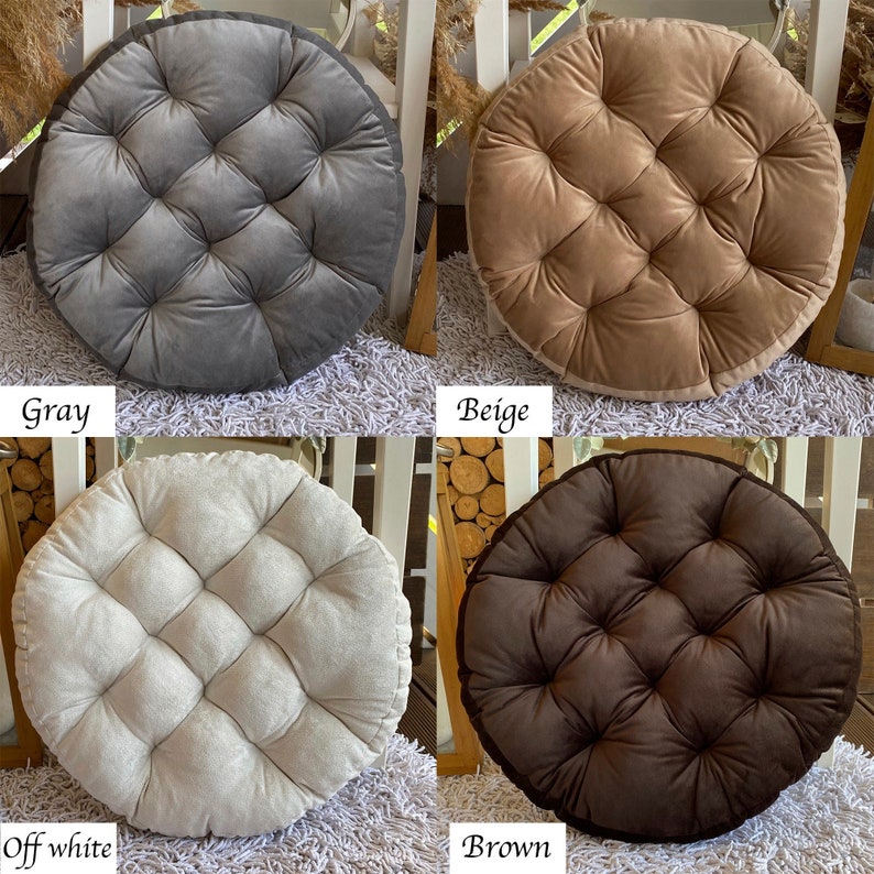 Round Velour Chair Cushion in Grey, Beige, White, Brown