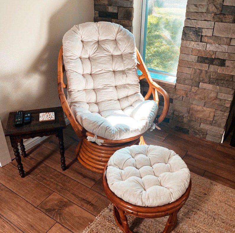 Rattan Chair Velour Cushion White and Ottoman Cushion