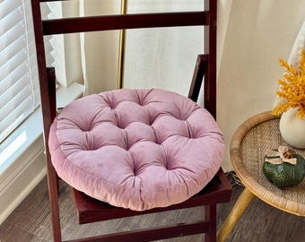 Luxury Round Velvet Chair Cushion, Tufted Handmade Seat Pad, Custom Sizes & Colors