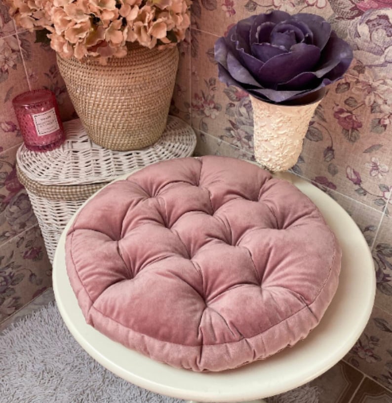 Round Velour Chair Cushion in Rose