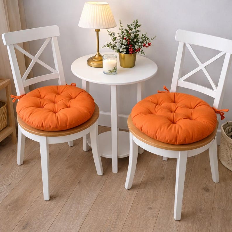 Round Multicolored Chair Cushion – Pad with Ties, Summer Decor Orange