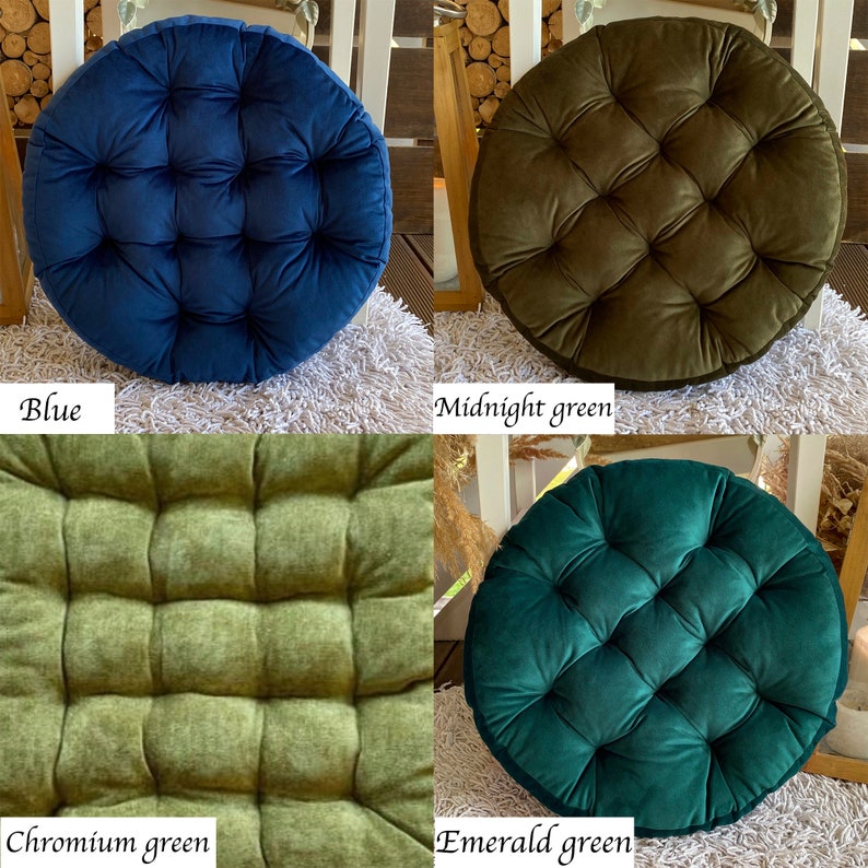 Round Velour Chair Cushion in Blue, Midnight Green, Chromium Green, Emerald Green