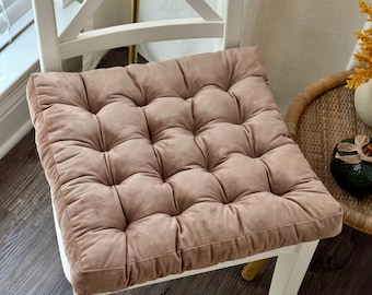 Velour Chair Cushion, Durable & Machine Washable, Beige Velvet Seat Pad With or Without Ties
