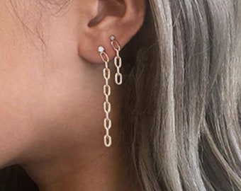 Sterling Silver Chain Link earrings, Long Link chain earrings, CZ Chain drop earrings, Trendy paperclip earrings, Minimalist earrings