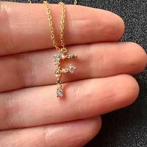 Initial F letter necklace, CZ colorful Alphabet monogram Tag pendant - 925 Silver 18K Gold - Friendship Anniversary gift for Girl