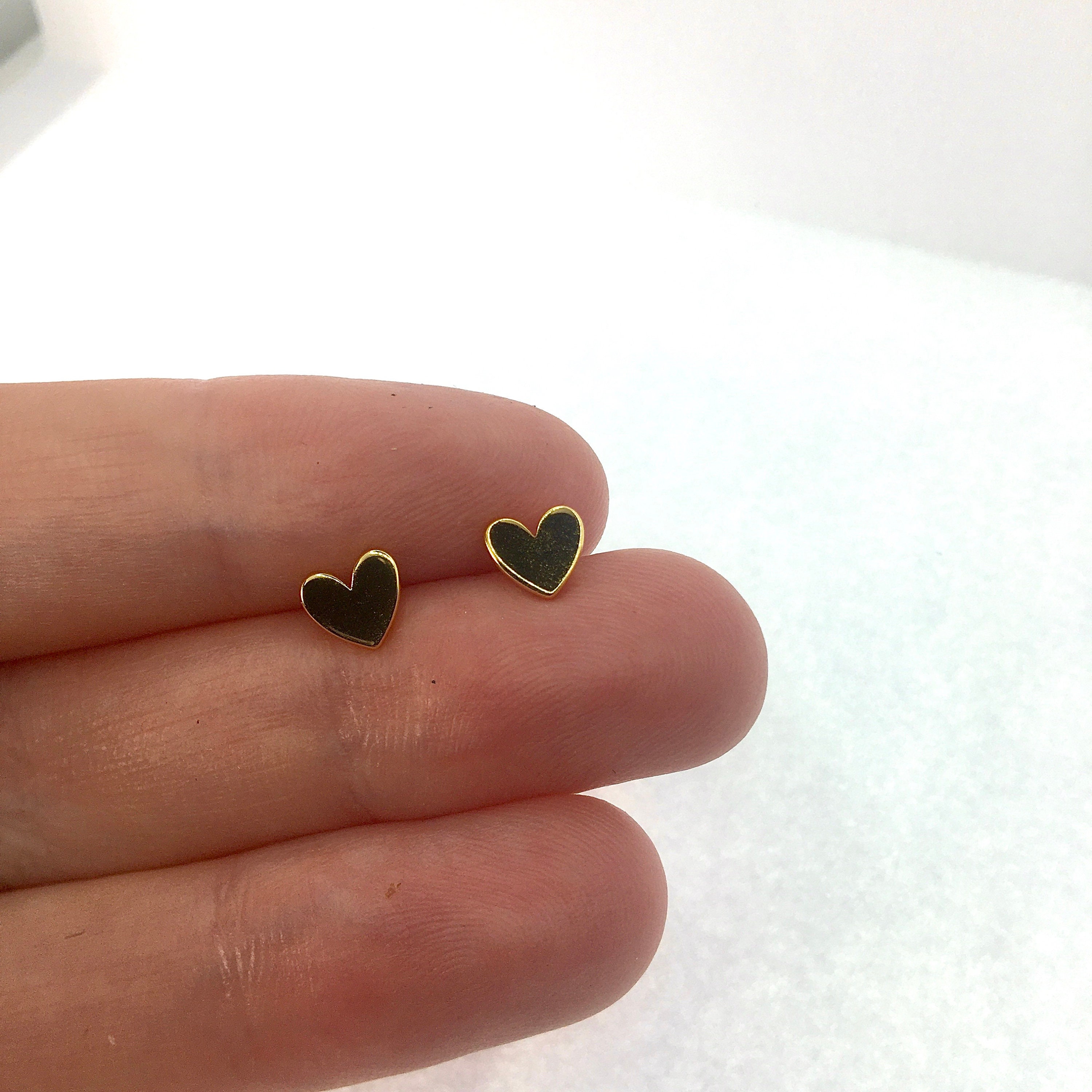 Valentines Gold Heart Stud Earrings, Sterling Silver Tiny