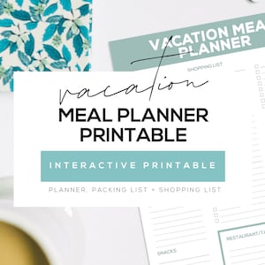 May include: A white printable vacation meal planner with the text "Vacation Meal Planner Printable" in black and teal. The planner includes sections for a shopping list, packing list, and restaurant ideas. A teal and white floral pattern is in the background.