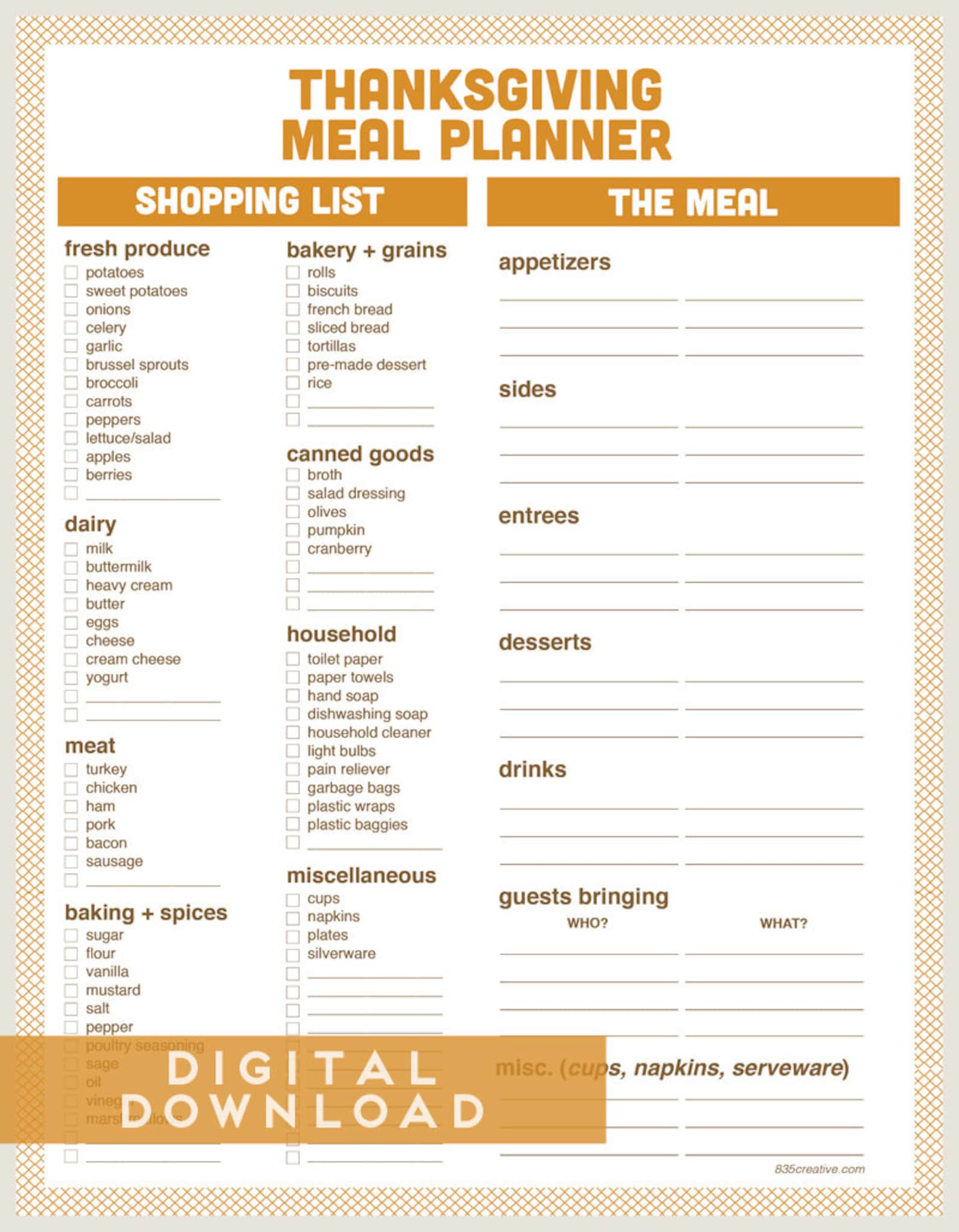 Thanksgiving Meal Planner and Shopping List Printable and Etsy 日本