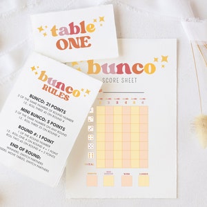 Druckbare Bunco Score Karten & Regeln - Vintage Groovy digitaler Download für lustige Spieleabende | Würfelspiel