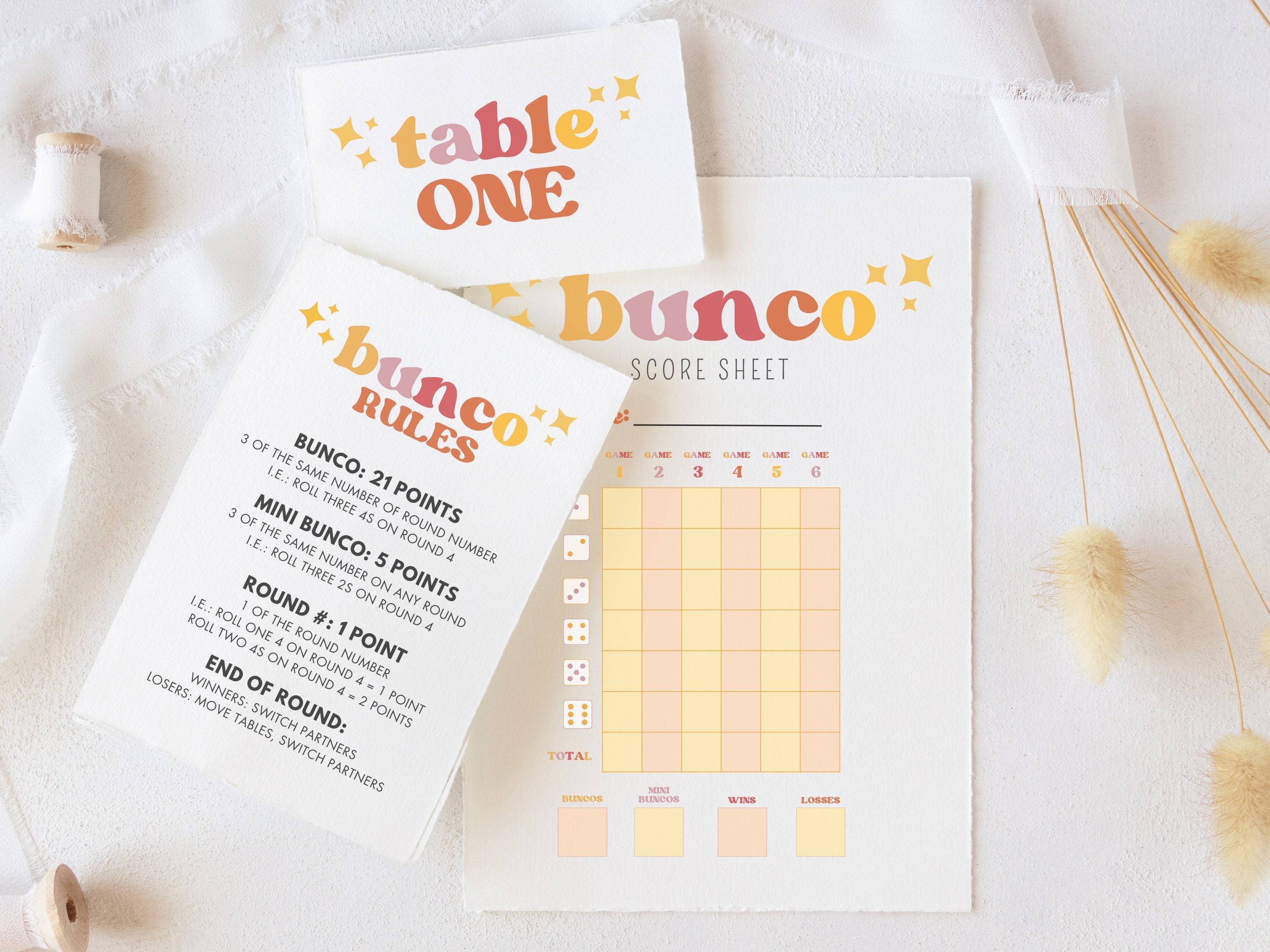 Cartes de pointage et règles vintage Groovy Bunco : PDF imprimable Soirée de jeux PDF