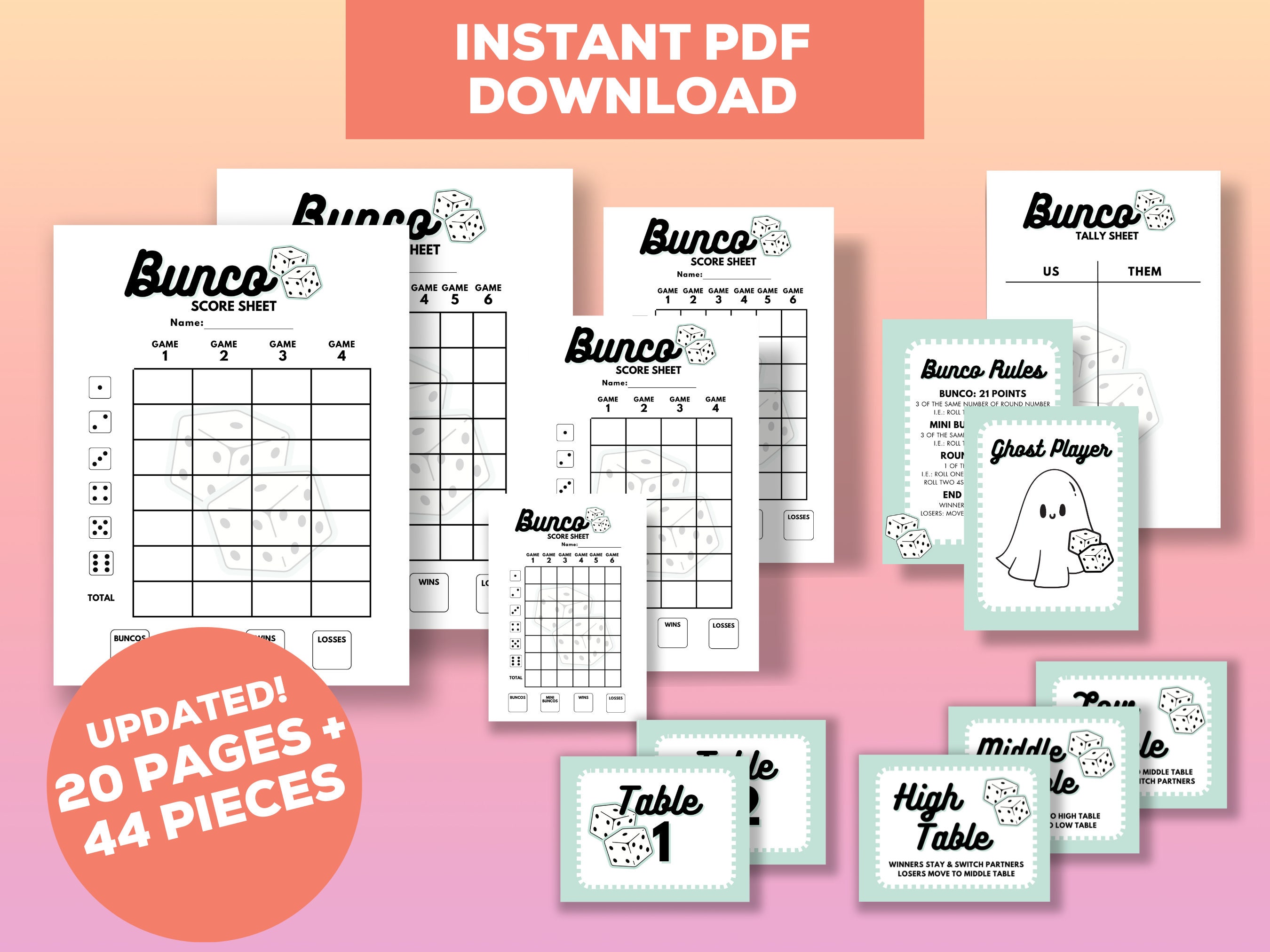 Bunco Score Cards Deluxe Printable Print At Home Bunco Night Tally