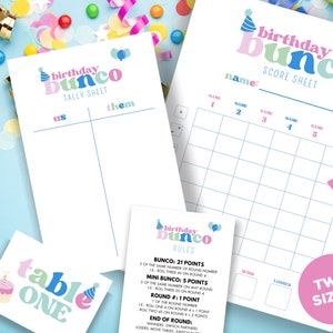 Druckbare Geburtstag Bunco Score Karten & Regeln - Geburtstagskuchen Feier Digitaler Download für lustige Spieleabende | Würfelspiel