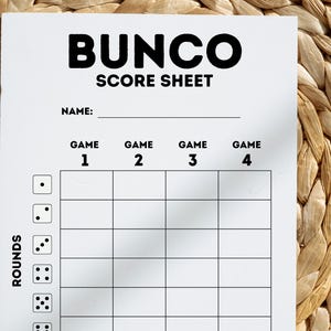 May include: A white Bunco score sheet with black text. The sheet includes spaces for the name, game numbers, and rounds. The background is a woven texture.