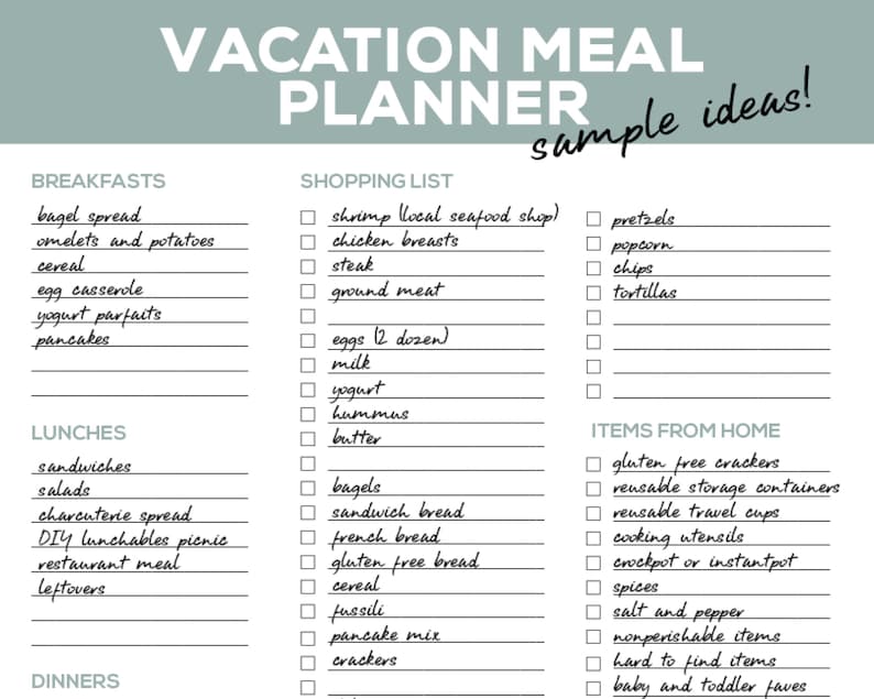 Interactive Vacation Meal Planner Printable PDF With Bonus Suggestions
