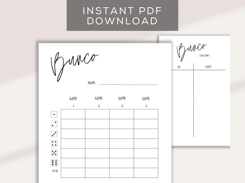 Printable Bunco Score Cards - 4 Games: Game Night Tally Sheets (digital ...