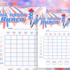 Stampabile 4 luglio Bunco Score Cards & Rules - USA Bunco Independence Day Download digitale per divertenti serate di gioco / Gioco di dadi