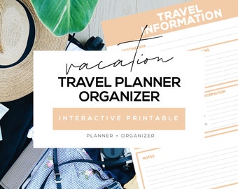 May include: A travel planner organizer with the words "Vacation Travel Planner Organizer" in large black letters. The words "Interactive Printable" and "Planner + Organizer" are also visible. A straw hat, a green leaf, and a striped bag are in the background.
