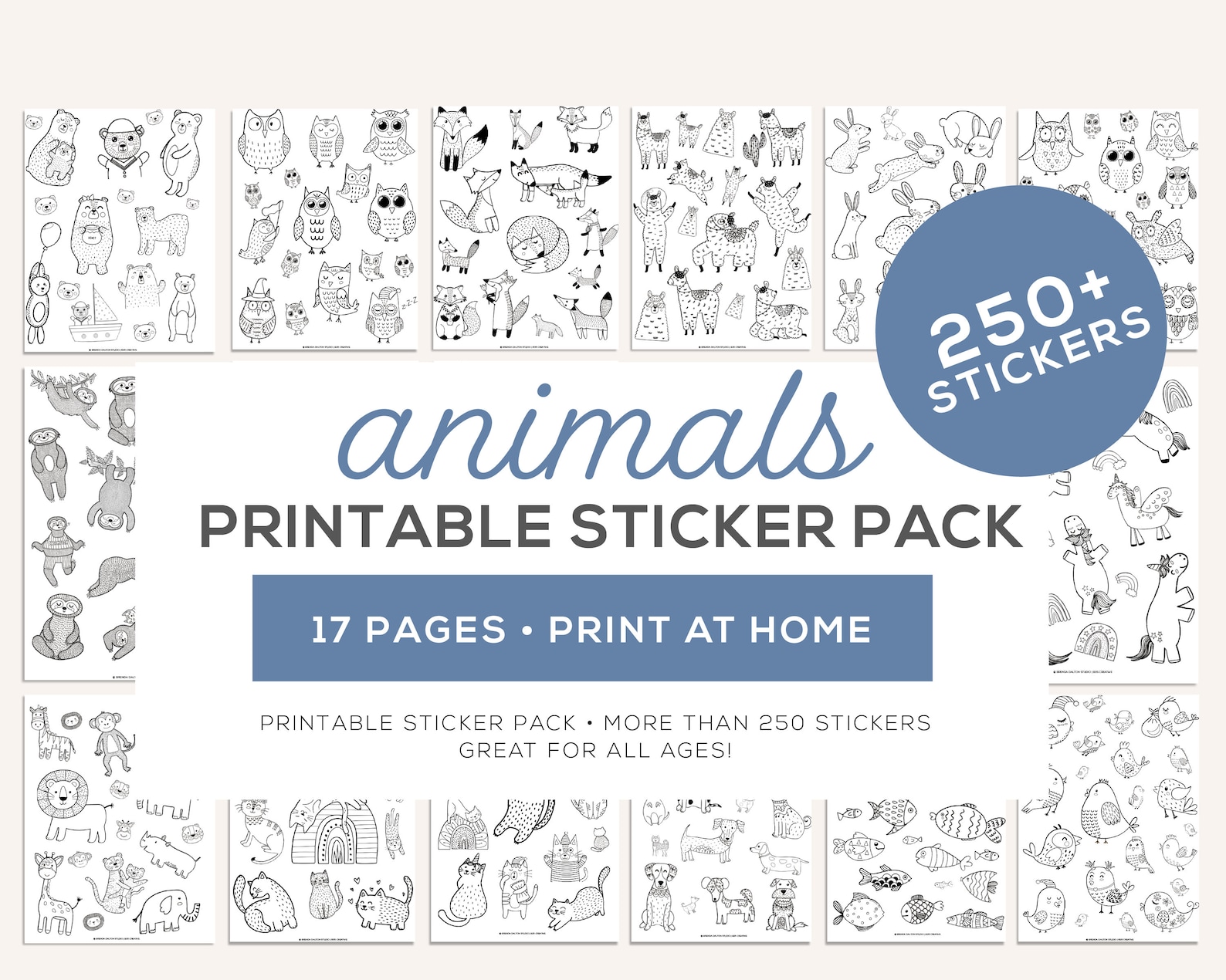 Kids Printable Coloring Animal Sticker Pack | 250+ Stickers | Print at ...