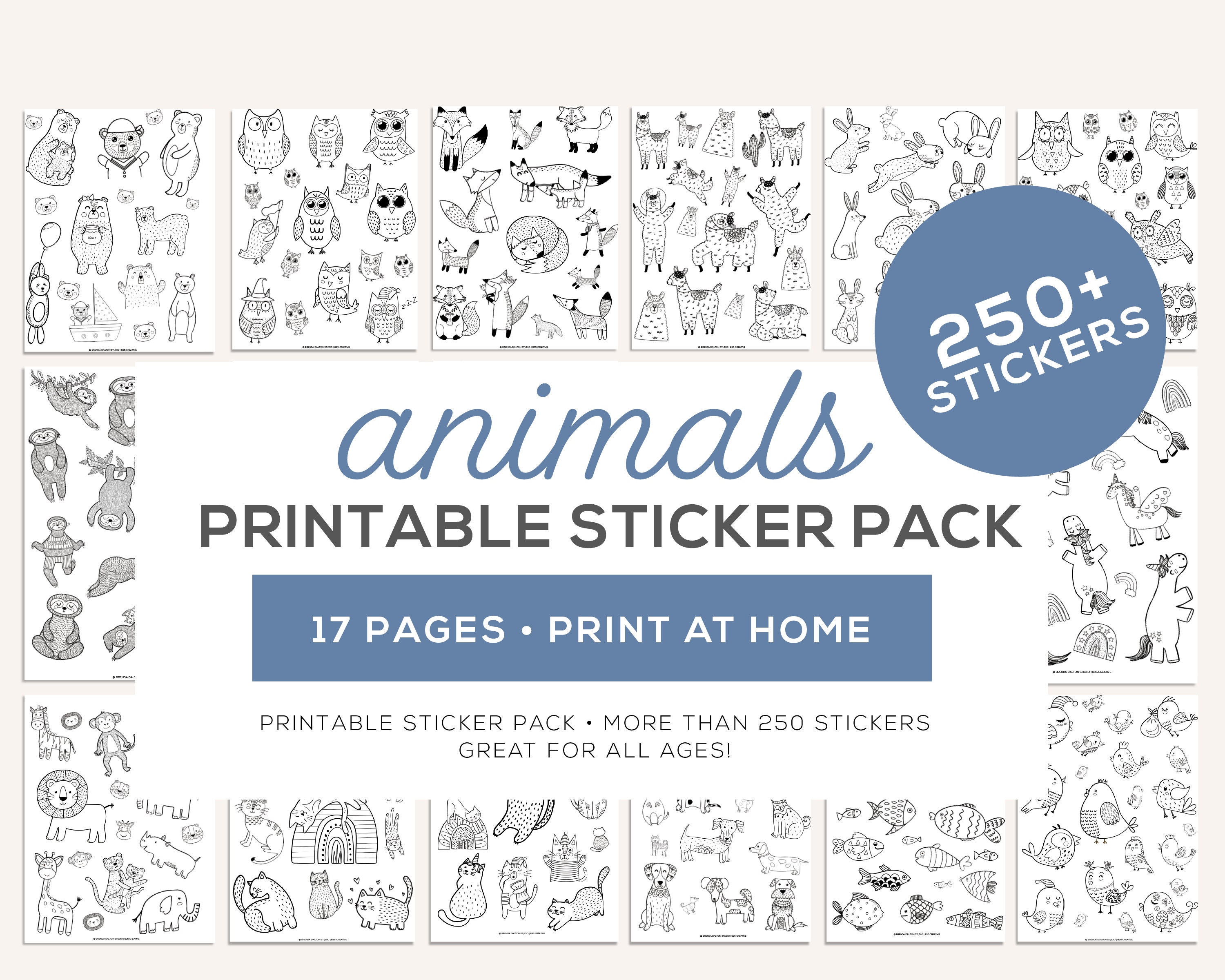 kids printable coloring animal sticker pack 250 stickers etsy