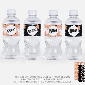 Etiquetas imprimibles para botellas de agua de Halloween / Imprimir en decoración del hogar / Decoración de fiestas / Fiestas de Halloween / Fantasmas, calabazas, telarañas