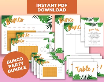 May include: A bundle of printable Bunco party game materials. The design features a tropical theme with green leaves and orange accents. Includes score sheets, rules, and table number cards. The text "Bunco Party Bundle" is displayed.