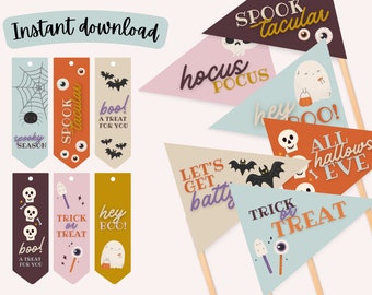 May include: A collection of Halloween-themed printable decorations. The image features pennant flags and bookmarks with spooky graphics, including ghosts, bats, skulls, and the text "Spooktacular," "Trick or Treat," and "Hey Boo!"