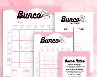 Pink Bunco Game Night-kit: scorekaarten, regels, fiches (afdrukbare pdf)