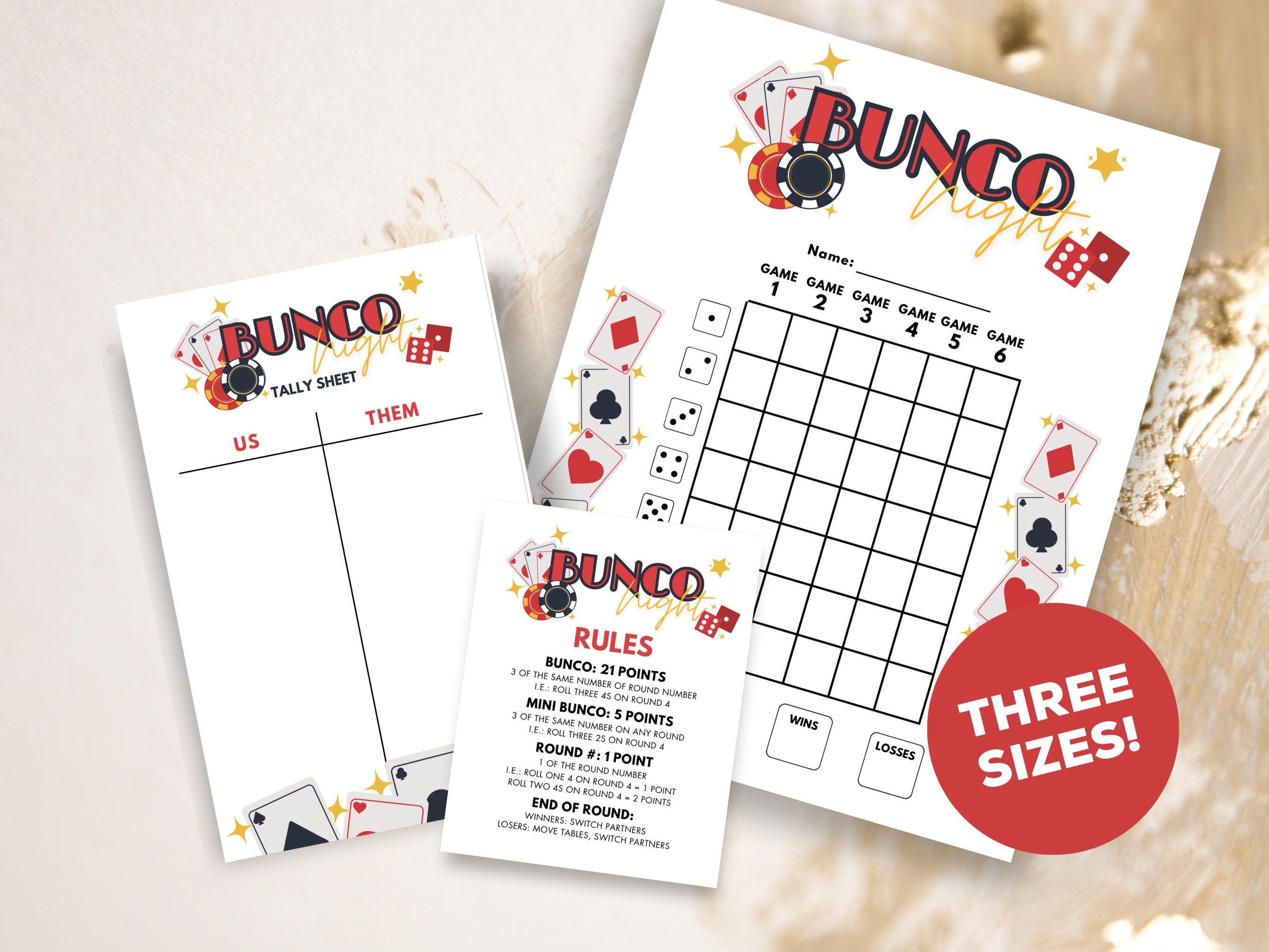 Casino Printable Bunco Score Cards & Rules - Digital Download for Fun ...