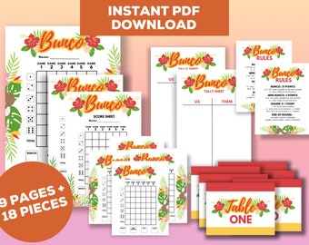May include: A collection of printable Bunco game materials. The design features tropical flowers and leaves. Included are score sheets, tally sheets, and table cards. The words "Bunco" and "Table One" are visible. The phrase "Instant PDF Download" is at the top.