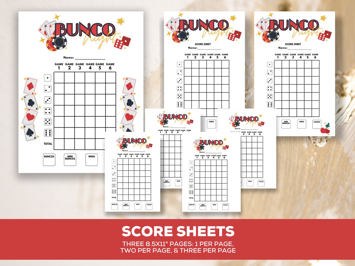 Casino Printable Bunco Score Cards &amp; Rules - Digital Download for Fun ...