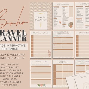Planificador de viajes bohemio y lista de equipaje: ¡ideal para viajes por carretera, vacaciones y viajes de niñas! Incluye diarios de viaje, itinerario, lista de deseos y más.