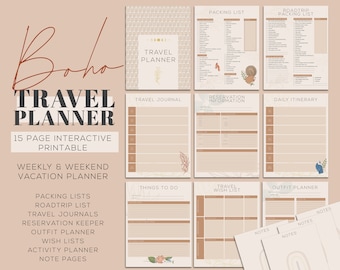 Boho Travel Planner and Packing List - Great for Roadtrips, Vacations, Girls' Trips! Includes travel journals, itinerary, wish list and more