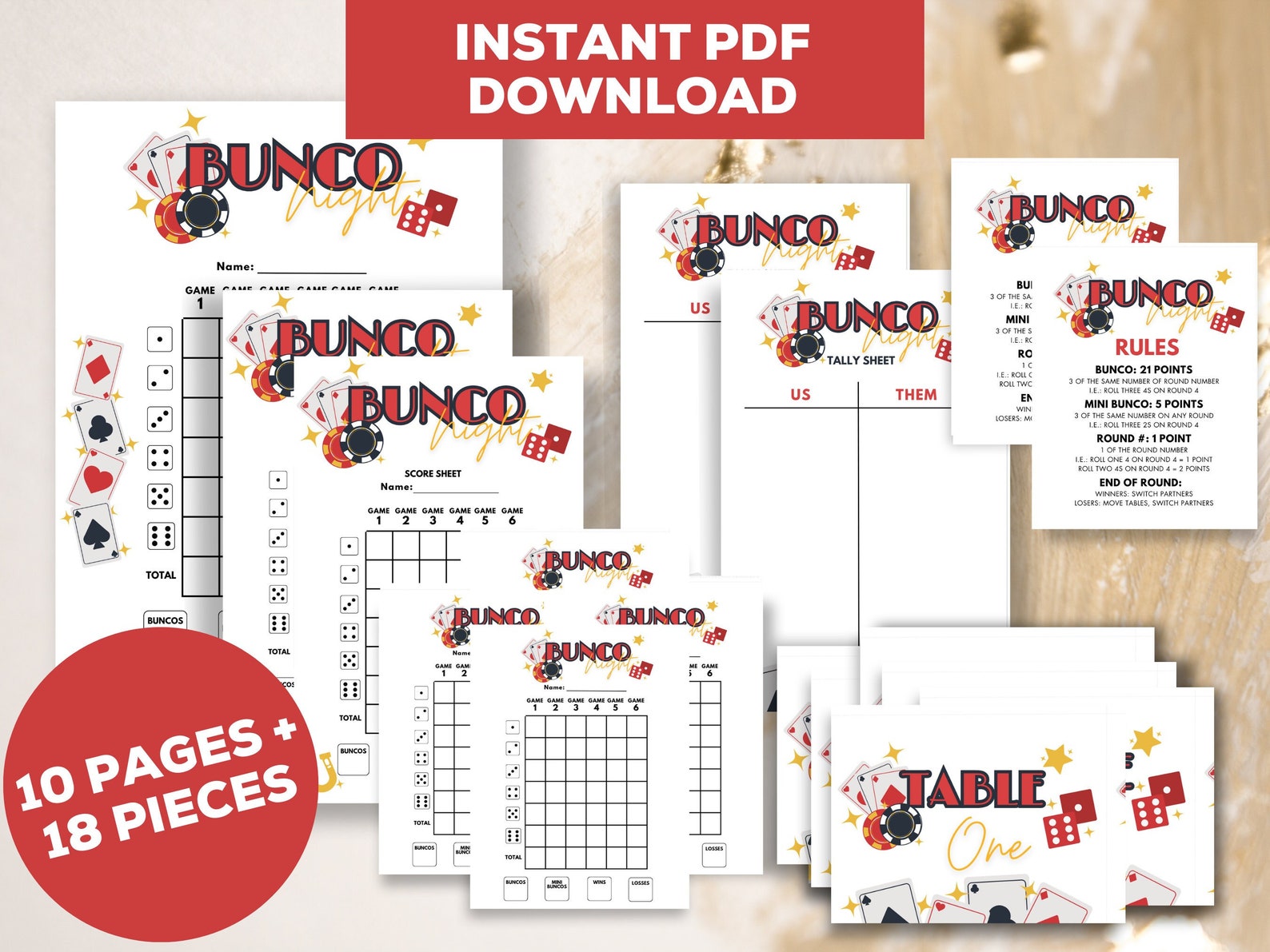 Casino Printable Bunco Score Cards &amp; Rules - Digital Download for Fun ...