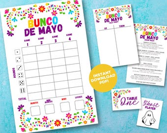 May include: Printable Bunco de Mayo game scorecard with a colorful floral border. The scorecard includes spaces for rounds, games, total points, wins, losses, and mini buncos. The game is designed for a group of people to play.