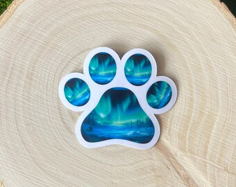 Northern Lights paw print sticker, Aurora Borealis art vinyl sticker, dog mom laptop, mountain stickers, hiking gift, camping gifts, forest