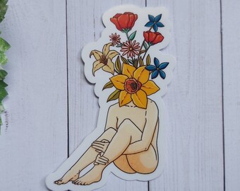 Feminine Art Sticker, Nude Art Label, Self Love Sticker, Flower Sticker, Feminist Sticker, Motivational Sticker, Women Empowerment Label