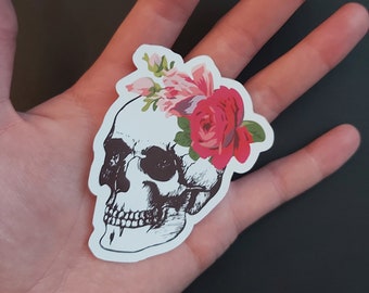 Skull with Flower Glossy Die Cut stickers, sticker, skull, flower, spooky, halloween, tattoo,