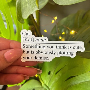 Peut inclure: Un autocollant blanc avec du texte noir qui dit "Cat [Kat] noun Something you think is cute, but is obviously plotting your demise."