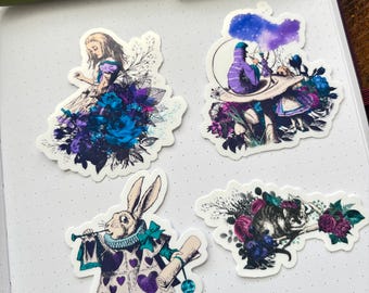 Alice in wonderland vinyl sticker pack, monthly planner stickers, sticker bundle, journaling die cut stickers, gothic journal decor