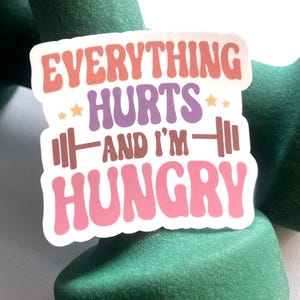 Può includere: Un adesivo bianco con il testo "Everything Hurts and I'm Hungry" in lettere rosa, arancio, viola e marrone. Il testo è in uno stile di font retrò. Ci sono due piccole stelle su entrambi i lati della parola "Hurts". Ci sono due piccole barre di pesi marroni su entrambi i lati del testo "and I'm".