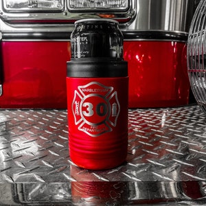 Firefighter Personalized Stainless Steel Beverage Holder. Holds Cans or Bottles.