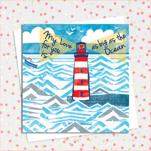 Il mio amore per te è grande come l'oceano, biglietto d'amore, biglietto di San Valentino nautico, faro, gabbiani, biglietto di anniversario, biglietto di fidanzamento