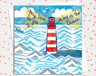 My Love for You is as Big as the Ocean, Love Card, Nautical Valentine Card, Lighthouse, Seagulls, Anniversary Card, Engagement Card