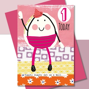 Cartão de primeiro aniversário, aniversário de meninas, canção de ninar, Humpty Dumpty, cartão colorido brilhante e ousado