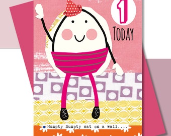 First Birthday Card, Girls Birthday, Nursery Rhyme, Humpty Dumpty, Bright and Bold Colourful Card