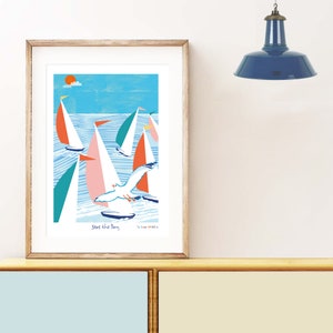 Seas the Day Print, Sailing Boats,  Nautical Print, Seagull, Nautical Illustration, Wall Art,